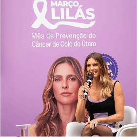 Fernanda Lima no momento do lançamento da campanha Março Lilás para a imprensa.