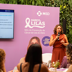 Destaque do cenário da coletiva de imprensa da campanha Março Lilás.